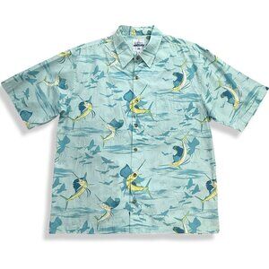 Guy Harvey Shirt Mens L‎ 'Sailfish Shadow' Casual Button-Up Hawaiian AFTCO Ocean